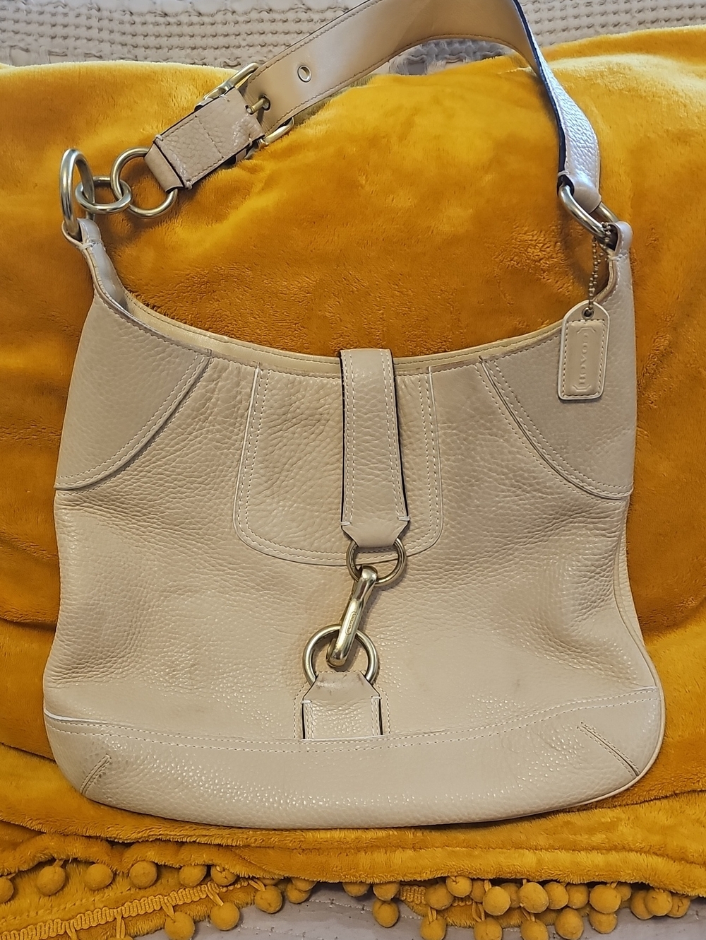 Coach Cream Pebbled Leather Shoulder Bag with Silver Hardware